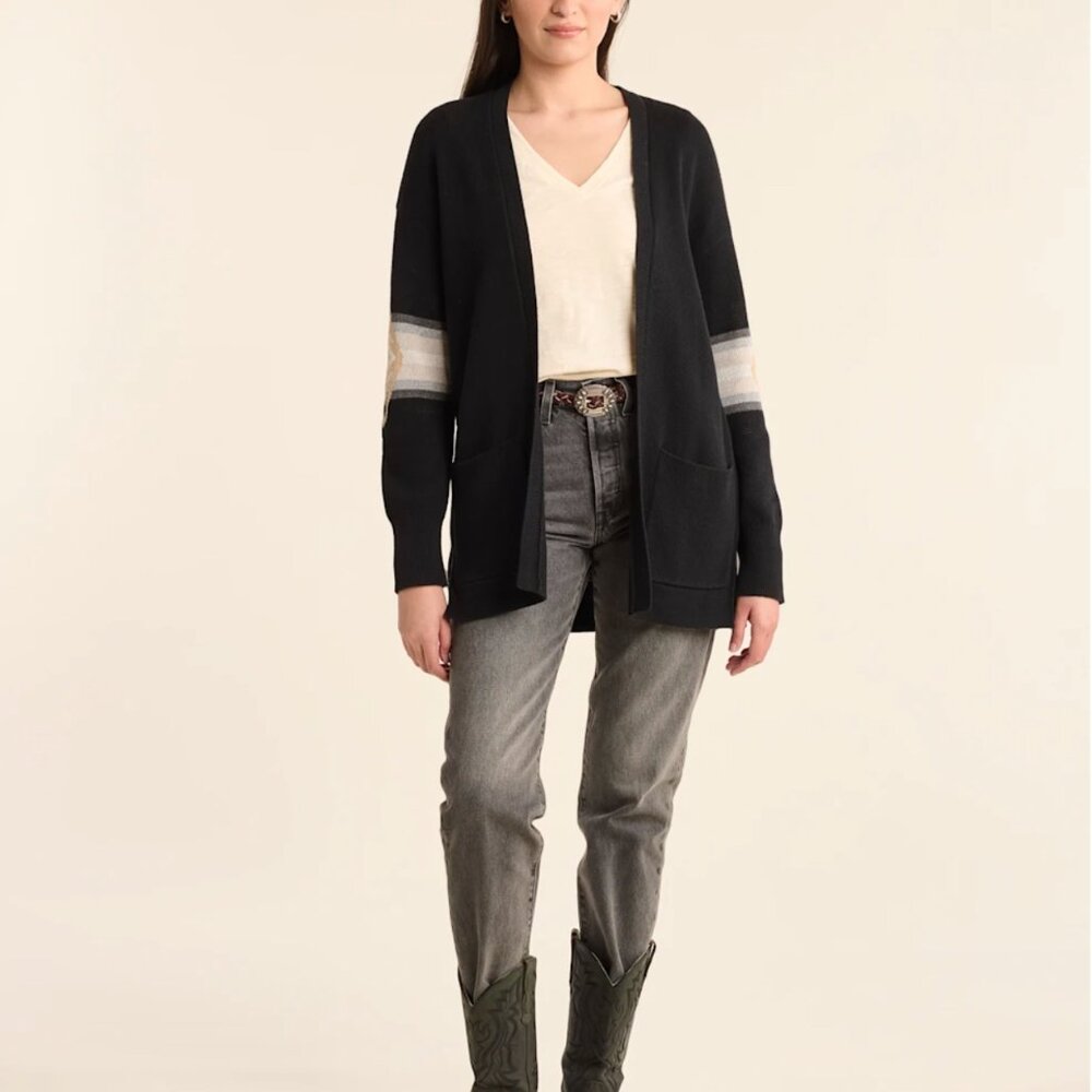 Pendleton Black Sweater Cardigan with Tan and Cream Geometric Panel - Picture 2 of 10